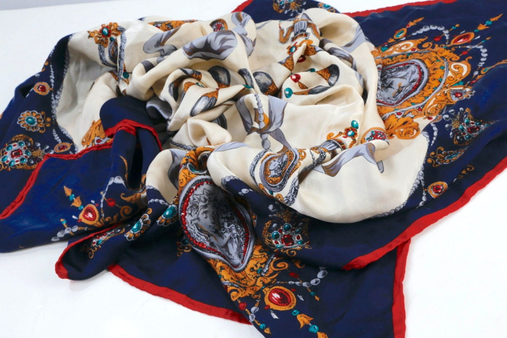 Vintage Silk Scarf Square 32x32 Baroque Jewel Cameo Ribbon Navy Cream Red Edge